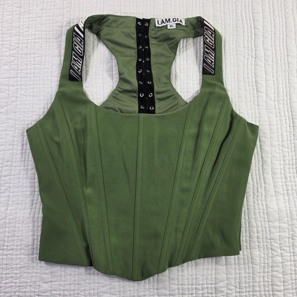I.AM.GIA Corset Tank Top Women XL Green NWOT Lace Up Racerback Bodice